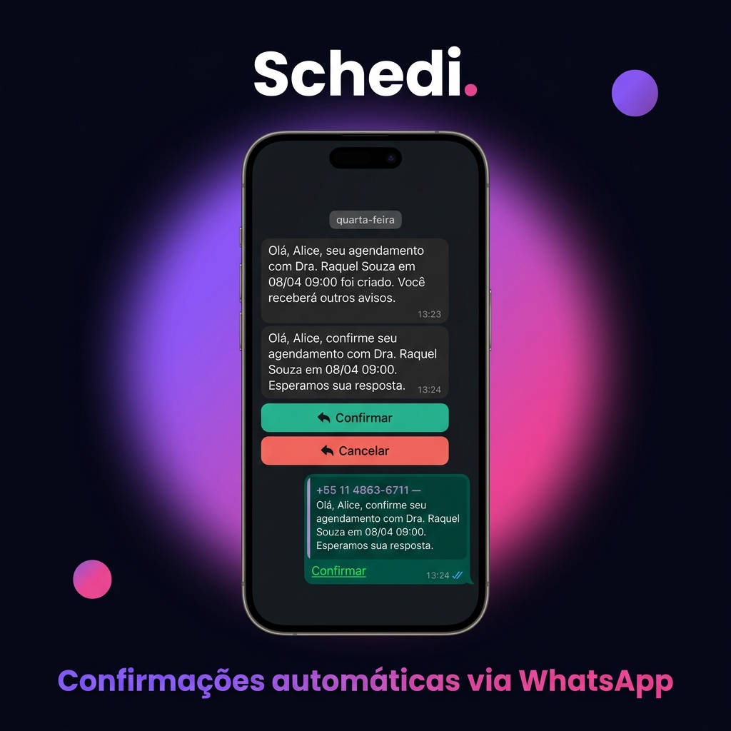 Mockup do Schedi mostrando a confirmação de evento via WhatsApp